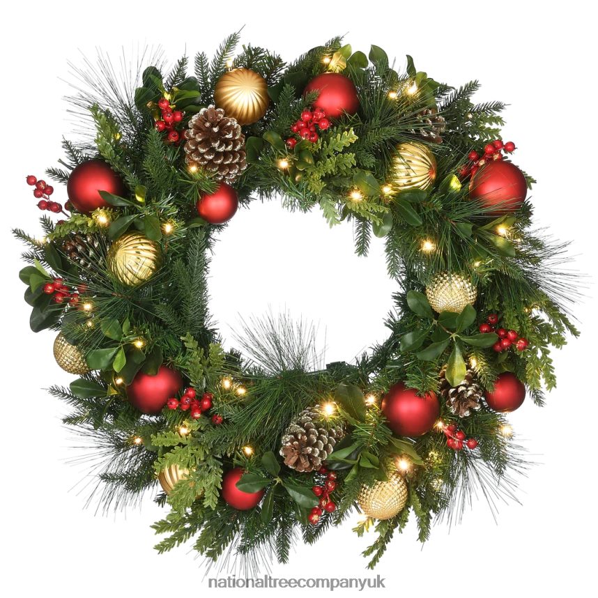 Greenery | National Tree Company Pre-Lit Artificial Christmas Wreath Decorated Rural Homestead with Warm White LED Lights Battery Powered 28 in F2L4F259